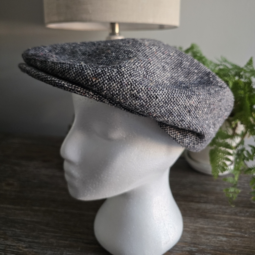 Vtg Made in USA Grey Wool Tweed Newsboy Hat Sz L 7 1/4 to 7 3/8 Peaky Blinders
